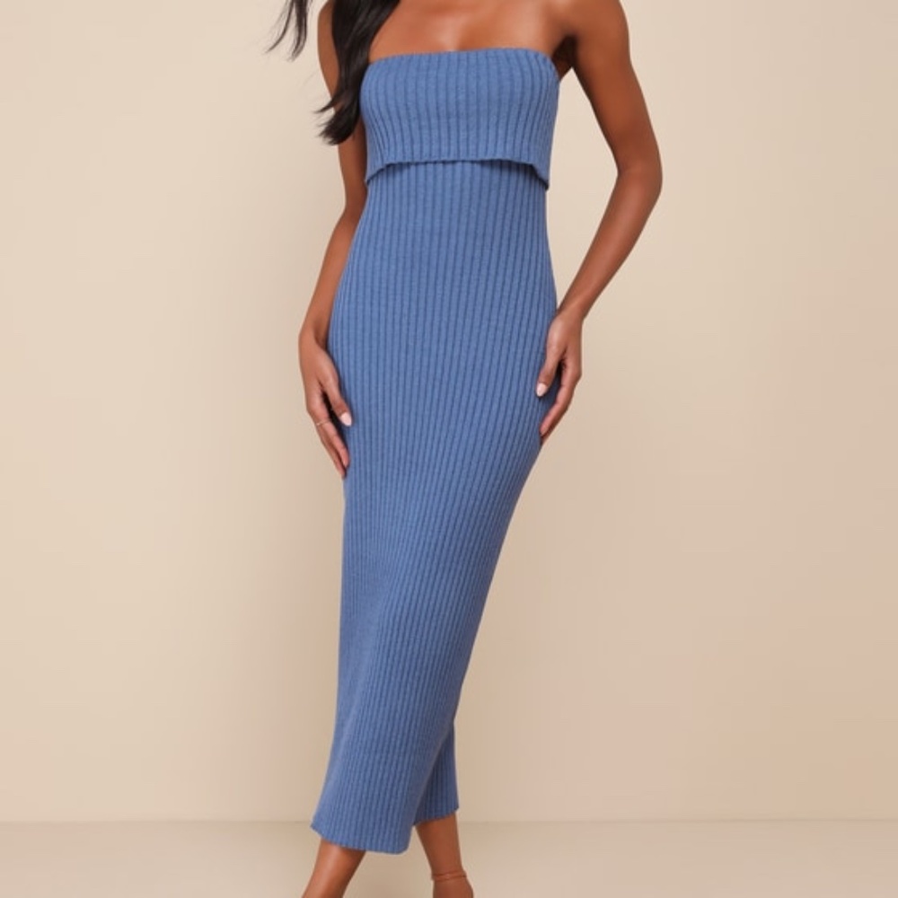Lulus Easily Irresistible Dark Blue Ribbed Strapless Sweater Dress - Size M